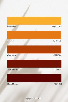 the color chart for different shades of brown, orange, and yellow on a white background