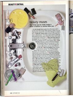 an open magazine with various beauty products on it