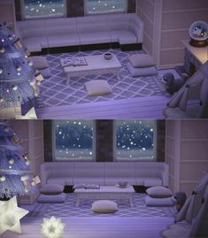 two pictures of a living room with christmas tree in the corner and stars on the ceiling