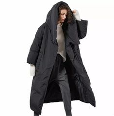 Women's Thick Wide Waist Hooded Overcoat - Thick Hooded Parka For Fall, Thick Hooded Winter Outerwear, Long Solid Puffer Jacket With Detachable Hood, Solid Color Nylon Hooded Jacket For Winter, Oversized Hooded Puffer Jacket With Detachable Hood, Solid Puffer Jacket With Drawstring Hood For Winter, Solid Hooded Jacket With Double-lined Hood For Winter, Hooded Thick Outerwear For Streetwear, Oversized Hooded Nylon Puffer Jacket