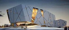 an architectural rendering of a building with people walking in front of it at night time