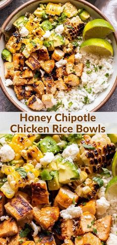 chicken rice bowls with avocado and cilantro on the side are shown