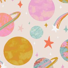 the planets and stars are painted in pastel colors on a light pink background with white stars