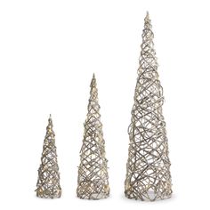 three small silver christmas trees with lights on each one and two smaller ones in the middle