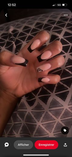 Black Cute Short Nails, Black French Tip Nails With A Heart, Black Nails With A Heart, Black French Nails With Heart, Black Heart French Tips, Black Design Nails Short, Blue French Tip With Heart, Black French Tip With Initial, Black French Tips With Hearts