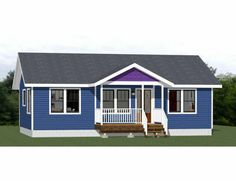 this is a computer rendering of the front elevation of a small blue house with porches and stairs