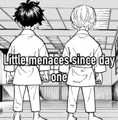 two people standing next to each other with the words little mences since day one