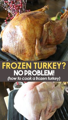 frozen turkey on a grill with the words frozen turkey? no problem how to cook a frozen turkey