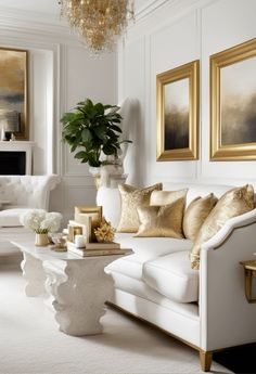 a living room filled with white furniture and gold accents