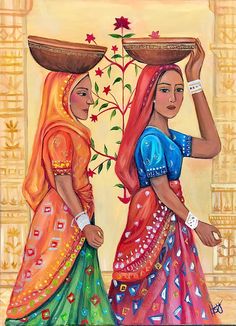 two women carrying baskets on their heads in front of a tree with red and green leaves