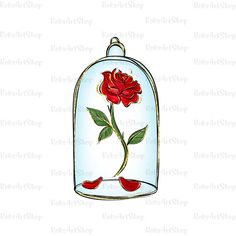 a drawing of a red rose in a glass dome