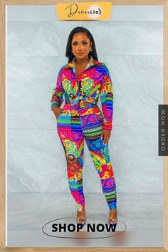 Turn Down Collar Long Sleeve Shirt+pencil Pants Suit Trendy Multicolor Workwear Sets, Trendy Multicolor Sets For Workwear, Trendy Multicolor Pants For Workwear, Trendy Multicolor Pants For Work, Trendy Multicolor Workwear Pants, Flat Pant, Pants Suit, Bodycon Fashion, Turndown Collar