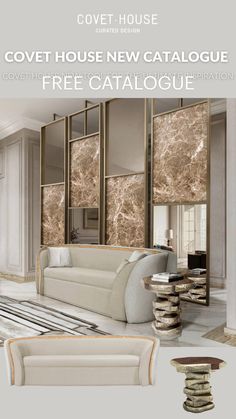 a living room filled with furniture next to a tall window covered in gold and white curtains