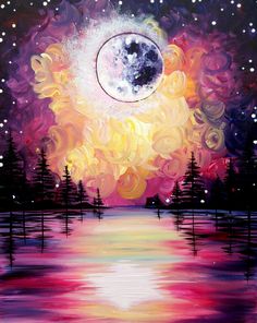 an abstract painting of the moon and stars above water with trees in the foreground