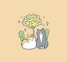 two cats sitting next to each other near a flower