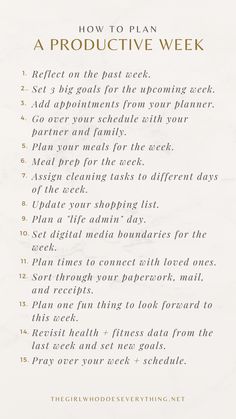 Weekly Planning Prompts, Good Weekly Goals, Weekly Planning Checklist, Week Planning Aesthetic, Week Organization Ideas, Week Planning Ideas, How To Plan A Week, Weekly Productivity Goals, Plan For The Week