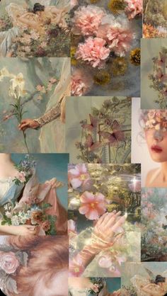 a collage of images with flowers and birds in the middle one has a woman's face