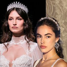 two models wearing tiaras and gowns on the runway