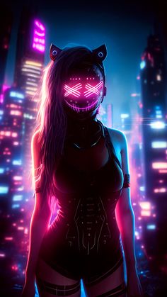 a woman wearing a cat mask in front of a city at night with neon lights