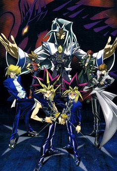 the anime characters are posing together in front of a dark background with their arms spread out