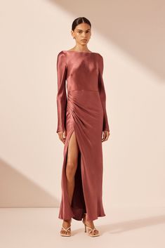 La Lune Flared Sleeve Side Split Midi Dress | Terracotta | Dresses | Shona Joy Terracotta Dress Outfit, Elegant Long Sleeve Dress With Side Slits, Silk Long Sleeve Dresses With Side Slits, Elegant Red Midi Dress With Side Slits, Formal Long Sleeve Midi Dress With Side Slits, Fall Evening Dresses With Side Slits, Long Sleeve Satin Midi Dress With Draped Sleeves, Elegant Red Midi Dress With Draped Sleeves, Midi Dress With Side Slits For Gala