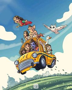 cartoon characters are riding in the back of a school bus