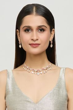 Gold plated dainty ornate design necklace with high quality moissanite and ruby stones encrustments. Comes with a pair of danglers. - Aza Fashions Elegant Jeweled Kundan Necklace For Formal Occasions, Elegant Necklace With Diamond Accents For Festive Occasions, Elegant Necklaces With Diamond Accents For Festive Occasions, Festive Necklaces With Diamond Accents, Luxury Rose Cut Diamond Necklaces For Festive Occasions, Fine Jewelry Jeweled Necklace For Wedding, Elegant Rose Cut Diamond Necklaces For Reception, Fine Jewelry Jeweled Wedding Necklaces, Elegant Necklaces With Rose Cut Diamonds For Reception