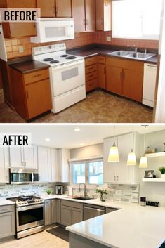 before and after pictures of a kitchen remodel with white cabinets, stainless steel appliances and wood flooring