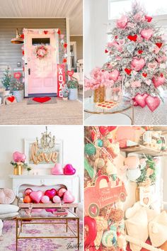 pink and red christmas decorations in different styles, including a tree with hearts on it