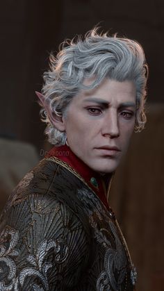 a close up of a person with white hair and grey hair wearing a costume that looks like an elf