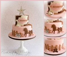 a three tiered cake decorated with horses and stars