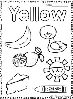 a coloring page with the words yellow and other things to color on it's side