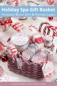 the holiday spa gift basket is filled with homemade beauty gifts and printable labels for christmas