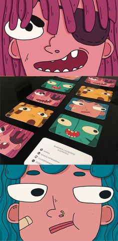 some cartoon characters with different facial expressions on their faces and in the background, there is an image of a woman's face