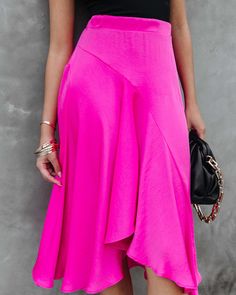 Hot Pink Skirt Outfit, Pink Skirt Outfits, Ruffle Midi Skirt, Hot Pink Skirt, Classy Skirts, Mock Neck Crop Top, Skirt Outfit, Pink Skirt, Flowy Skirt