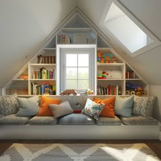 a room with a couch, bookshelf and window