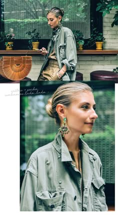 Jenny Walton Style, Jenny Walton, Earrings Outfit, Olive Jacket, Sleek Bun, Dope Fashion, Pretty Style, Big Earrings, 가을 패션