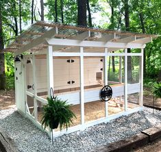 a chicken coop in the middle of a wooded area with gravel and rocks around it