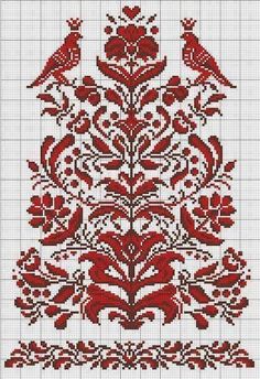 a cross stitch pattern with birds and flowers in red on white paper, as well as the