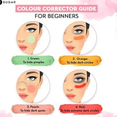 Skin Corrector Color Correction, Colour Concealer Guide, Makeup Color Correcting Guide, Make Up Color Correction, Concelar Color, Color Correction Makeup Guide, How To Apply Color Corrector, Colour Corrector Guide For Indian Skin, How To Color Correct Makeup