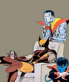 two superheros sitting on top of a white chair next to each other