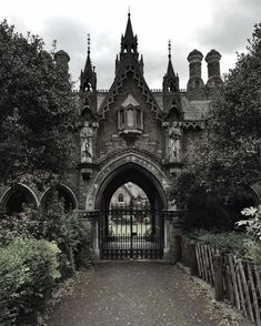 the entrance to an old castle with trees and bushes on either side, in front of a gate