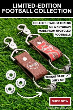 a pair of keychains made from upcycled footballs on a bed of deep green astroturf. There are tokens with engraved names of football stadiums on them. perfect christmas gift ideas from the wander club. Football Keychain, Best Country Music, Metlife Stadium, Gillette Stadium, Gifts For Football Fans, Engraved Keychain, Latin Music, Country Songs, Travel Souvenirs