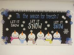 a sign that says tis the season for frozen let it snow and three snowmen