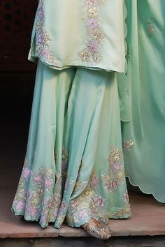 Aqua green collared kurta with floral applique and cutdana, pearl, sequin highlights. Paired with a floral embroidered sharara and dupatta. - Aza Fashions Embroidered Sharara, Kurta Sharara Set, Kurta Sharara, Women Kurta, Collared Greens, Straight Kurta, Sharara Set, Floral Applique, Summer Floral