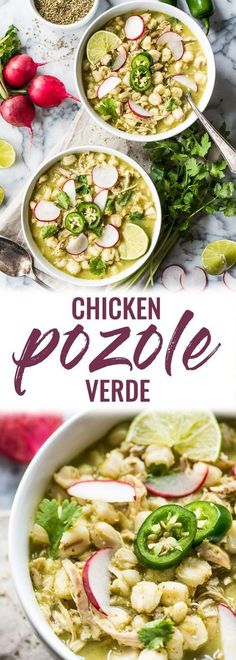 chicken pozole verde soup with sliced radishes and green peppers