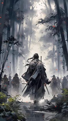 an image of a man in the middle of a forest with two swords on his shoulder