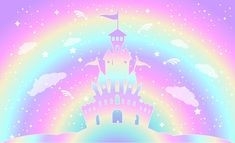 a castle with a rainbow in the sky and stars around it, on top of a hill