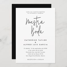 an elegant black and white wedding card with the words rustica boda on it