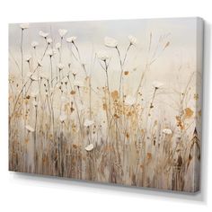 an abstract painting of white flowers on a gray and beige background canvas wall art print